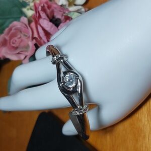 NVC Silver Tone CZ Crystal Cuff Bracelet Modern Open Design